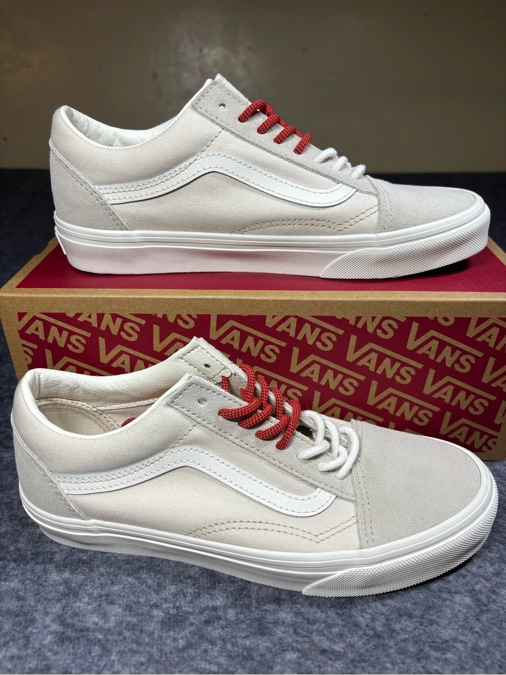 New Vans Old Skool Sneakers in White with Red Laces